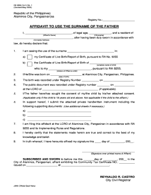 Affidavit to Use the Surname of the Father Sample with Answer  Form