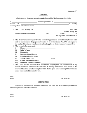 Annexure F AFFIDAVIT to Be Given by the Person Responsible under Section 33 of the Insecticides Act, 1968 I, SonDaughterWife of   Form