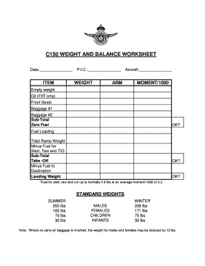 Cessna 150 Weight and Balance Sheet  Form