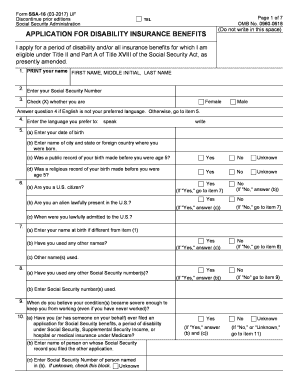 Application for Disability Insurance Benefits Ssa  Form