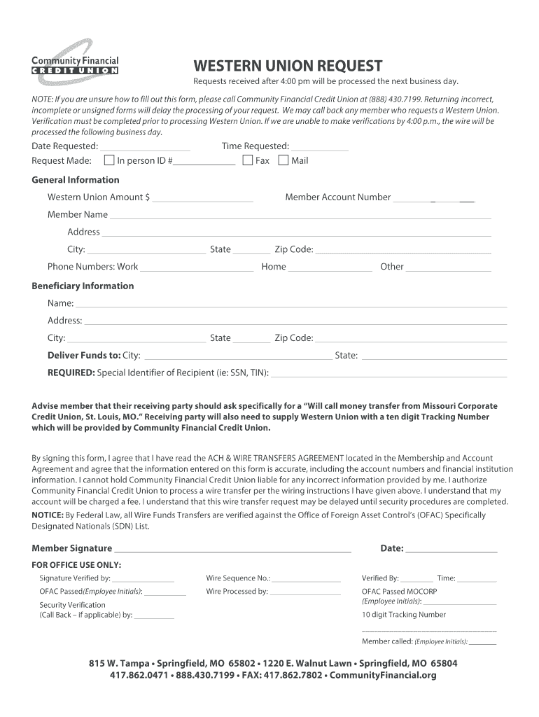 WESTERN UNION REQUEST Community Financial Credit Union  Form