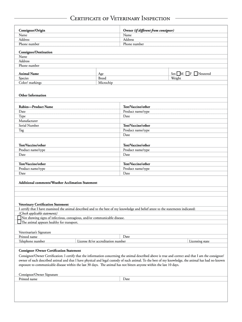 Model Certificate of Veterinary Inspection Companion Animal Avma  Form