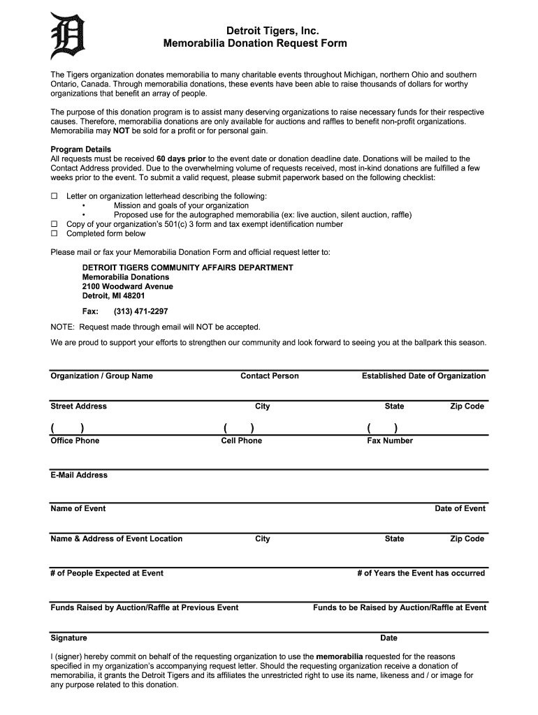 Detroit Tigers Donation Request  Form