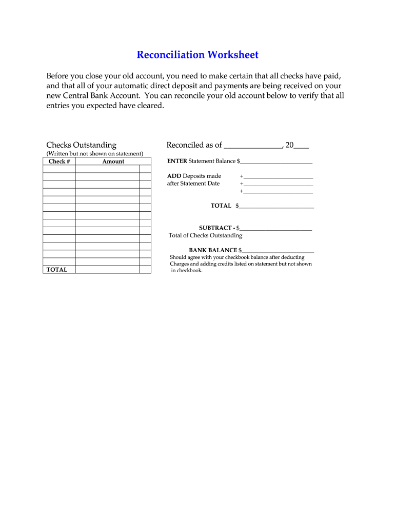 Get and Sign Reconciliation Worksheet  Form
