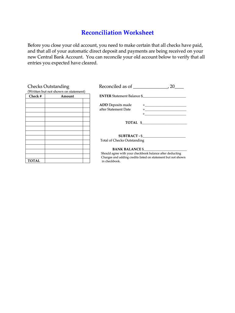 Reconciliation Worksheet  Form