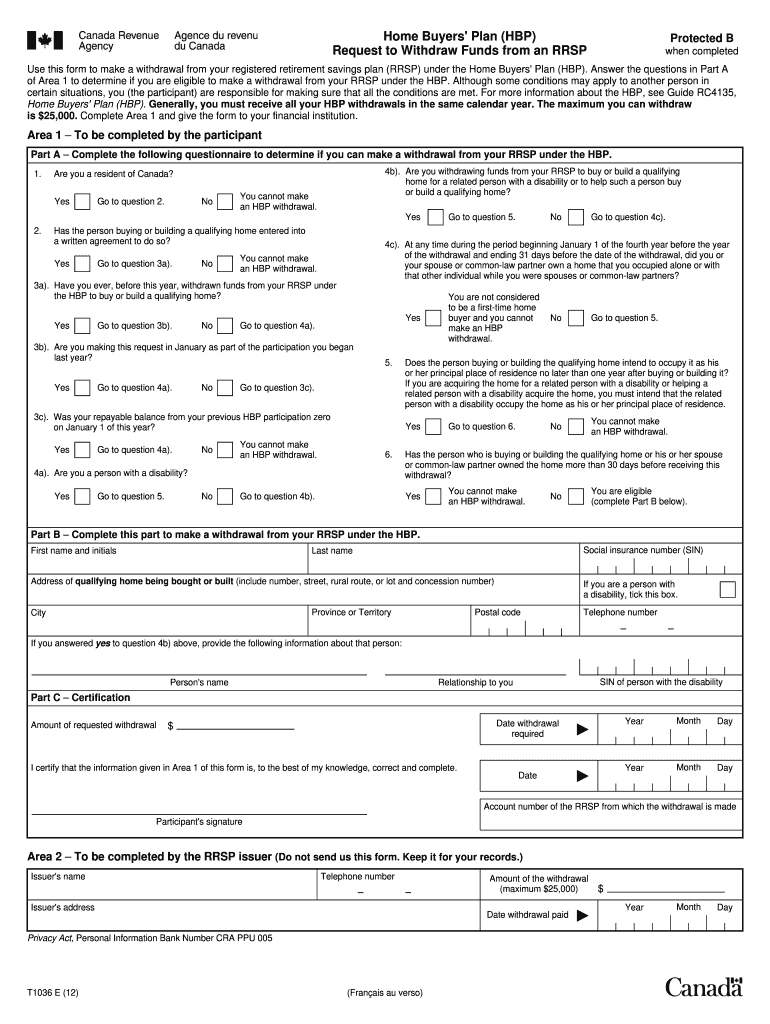  CRA Form T1036 12e  Agence Du Revenu Du Canada  Cra Arc Gc 2012