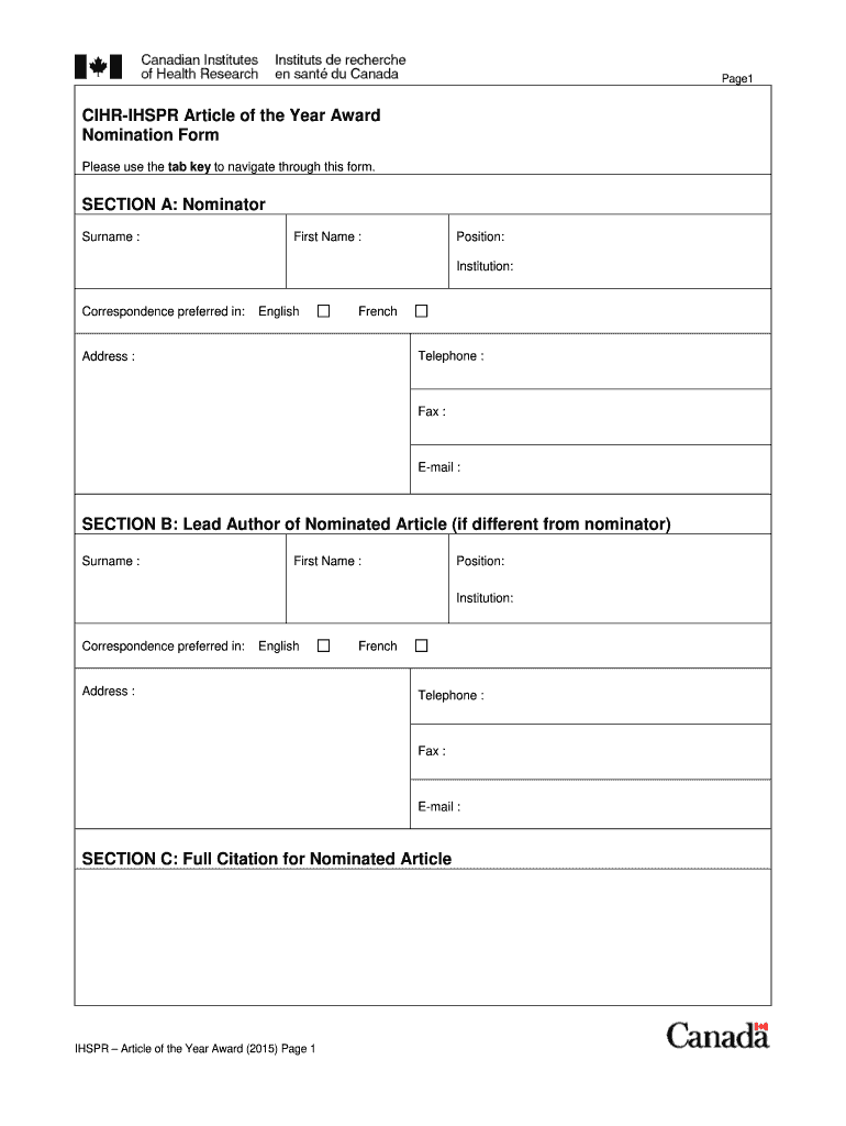  CIHR IHSPR Article of the Year Award Nomination Form SECTION 2015