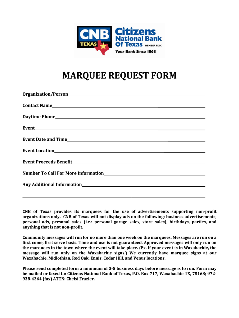 Get and Sign MARQUEE REQUEST FORM  Citizens National Bank