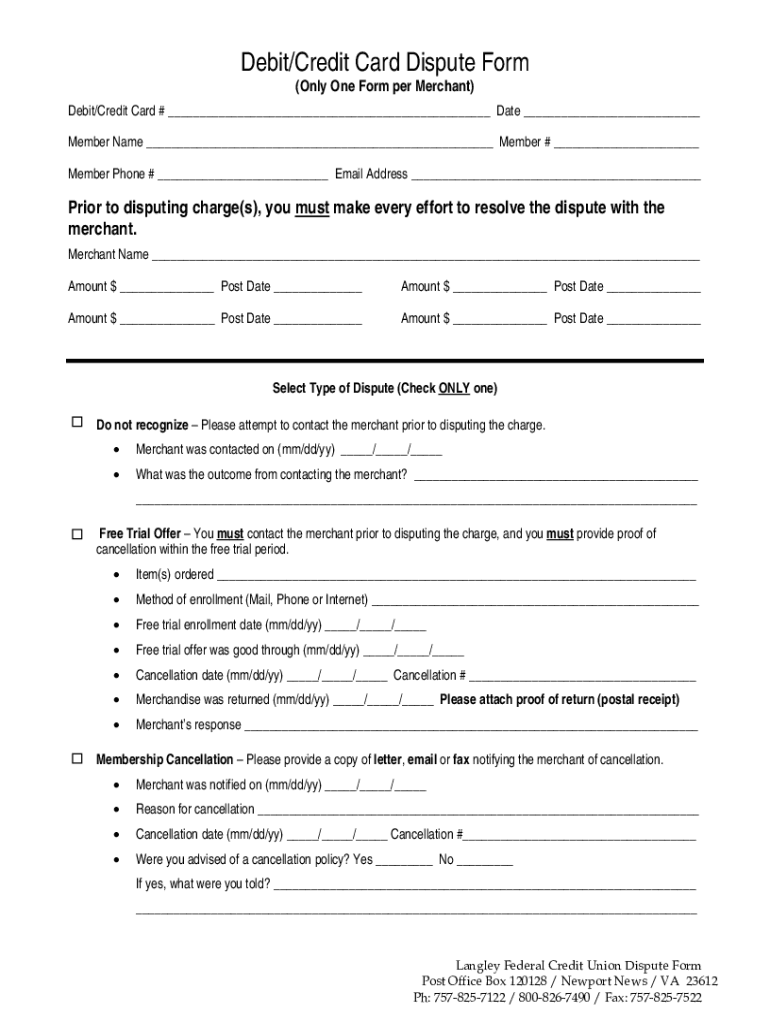 To Dispute a Credit or Debit Card Transaction Langley Federal Langleyfcu  Form