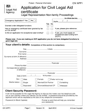 CIVAPP1 Version 15 April Application for Civil Legal Aid Justice Gov  Form