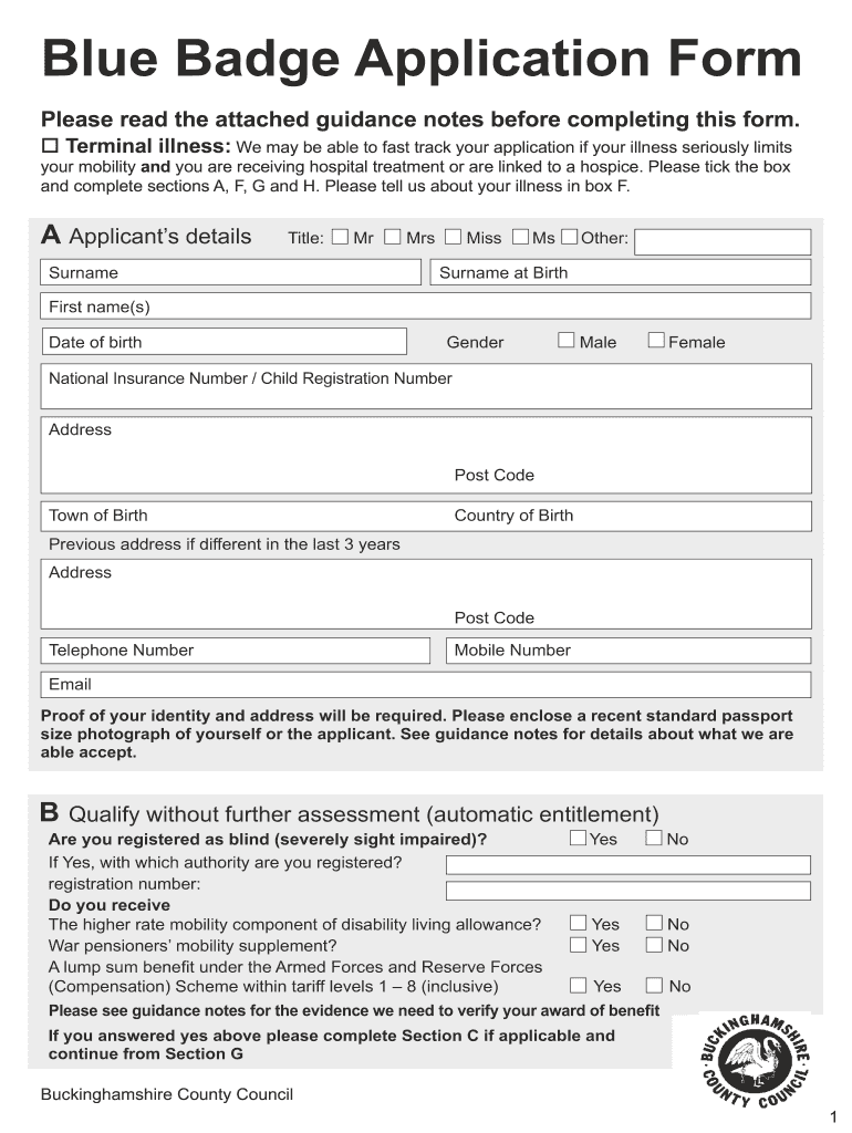  Blue Badge Application Form to Print off 2012