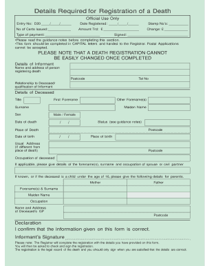 Registration of a Death Form GRO 73 PDF 58 KB NIDirect