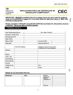 Application for a Uk Certificate of Equivalent Competency Dft Gov  Form