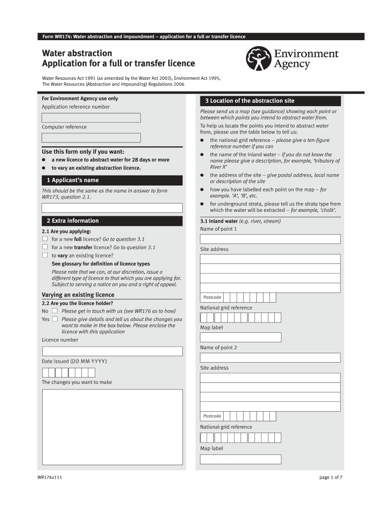 WR174 Water Abstraction Application for a Full or Transfer Licence  Form