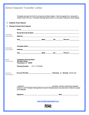 Direct Deposit Authorization Thomaston Savings Bank 2010