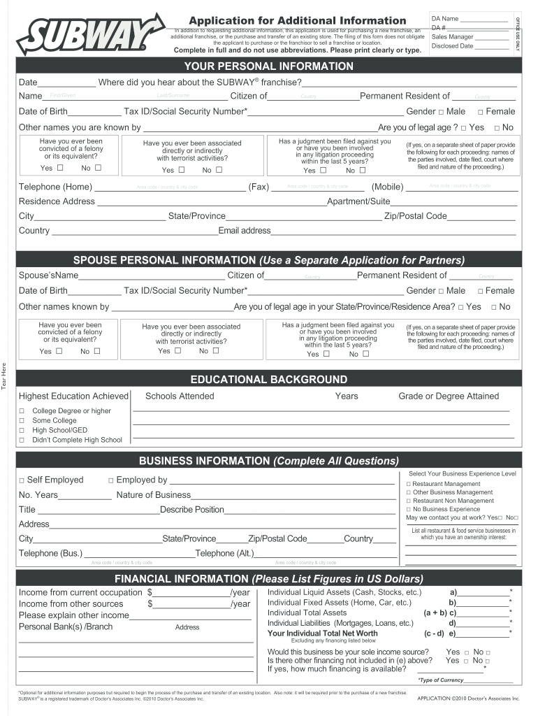 Subway Application Pdf Fill Out and Sign Printable PDF Template signNow
