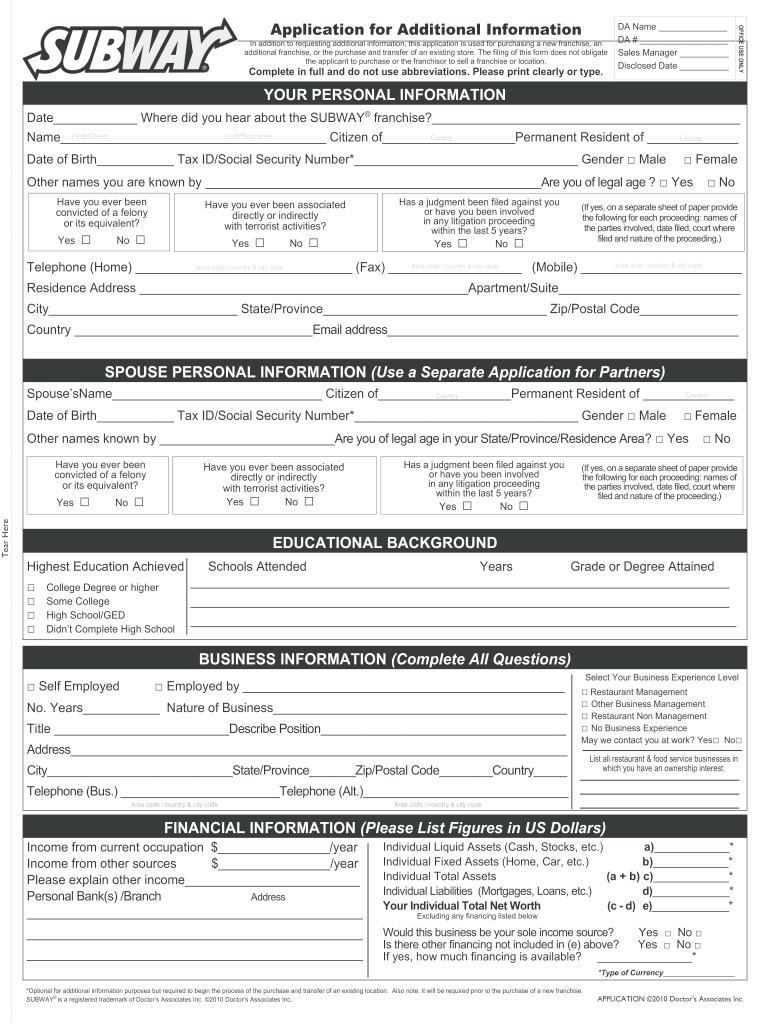 Subway Application  Form