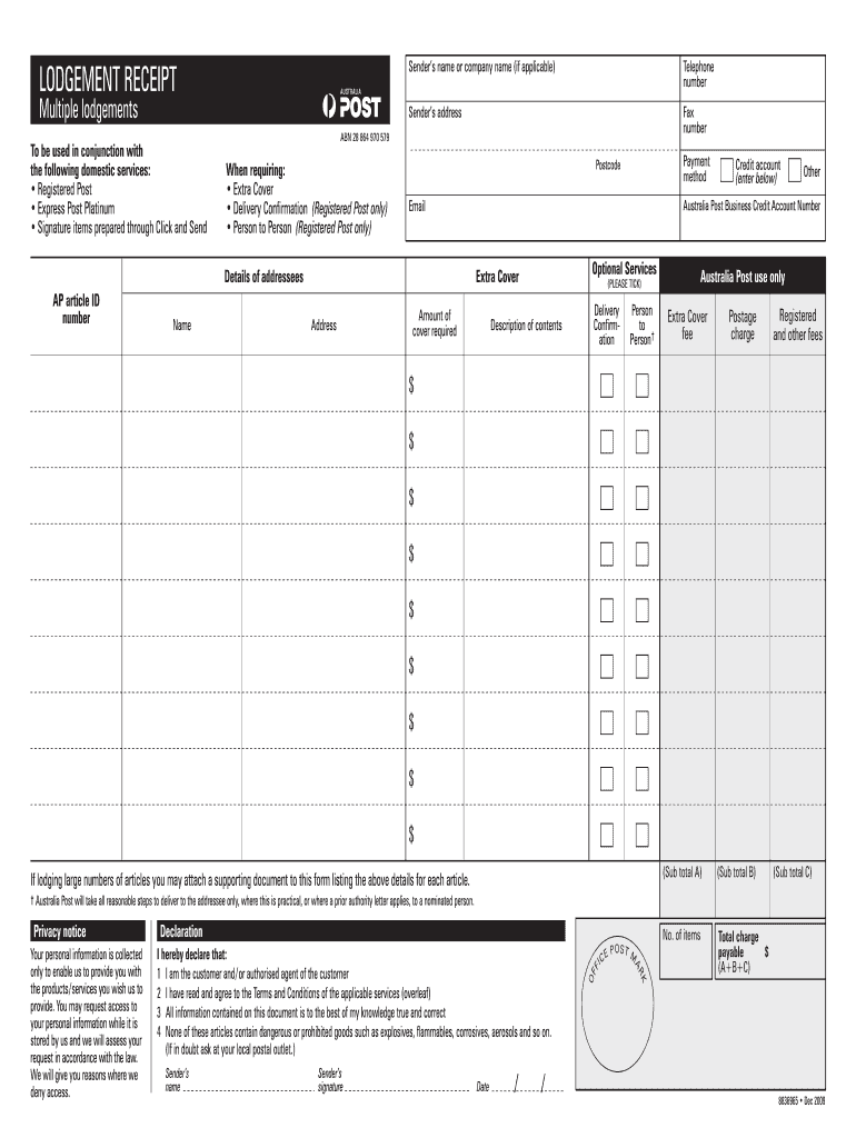  Australia Post Domestic Lodgement Form 2009-2024