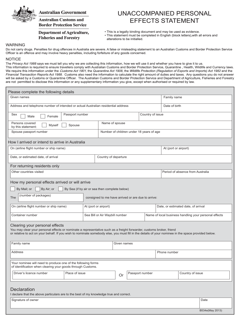  B534 Form  Australian Customs Service 2013