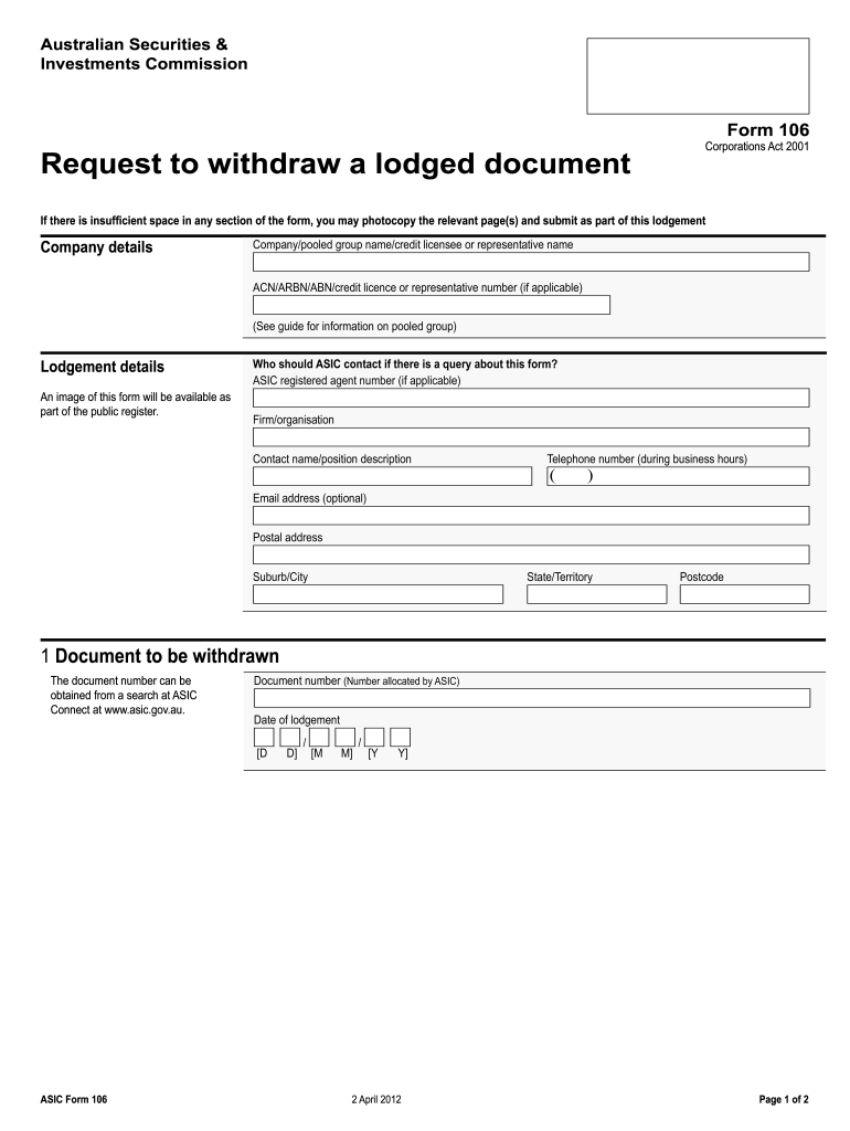  Form 106 Request to Withdraw a Lodged Document  Australian    Asic Gov 2012