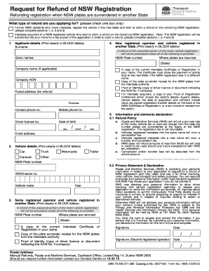 Request for Refund of Nsw Registration Online  Form