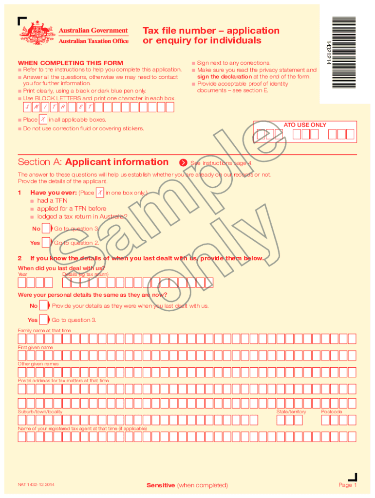 Tax File Number Application or Enquiry for Individuals Australian Ato Gov  Form