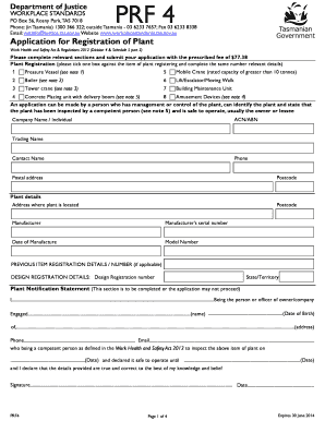 Application for Registration of Plant Workplace Standards Tasmania  Form