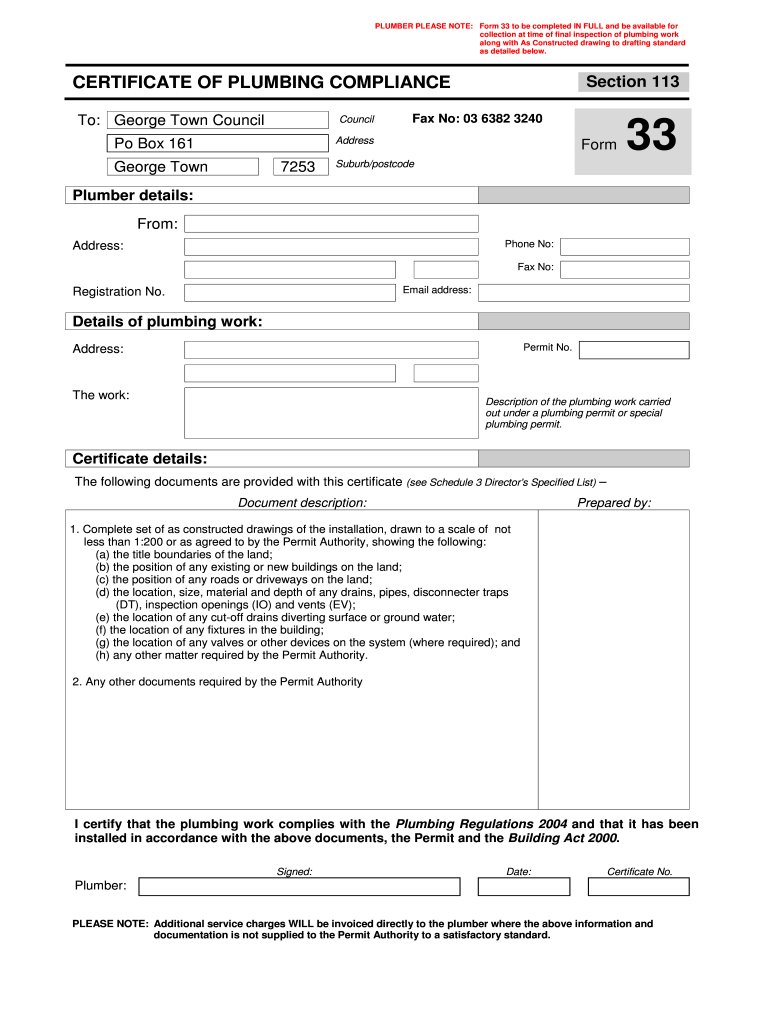 Plumbing Certificate of Compliance PDF  Form