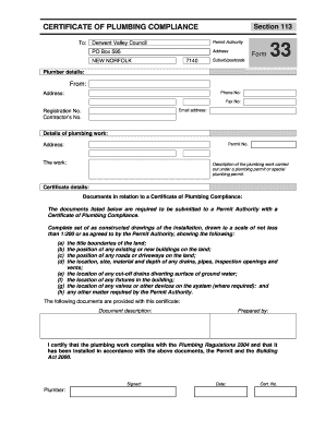 Form 33 Certificate of Plumbing Compliance Derwent Valley