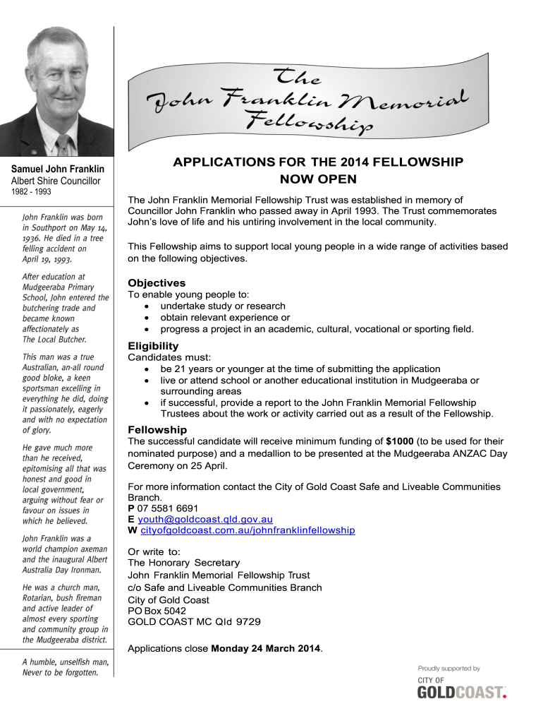  the John Franklin Memoral Fellowship Application  Gold Coast City    Goldcoast Qld Gov 2014