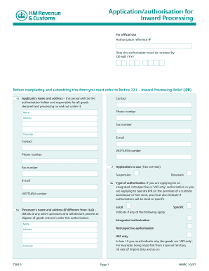 Applicationauthorisation for Inward Processing HM Revenue Hmrc Gov  Form