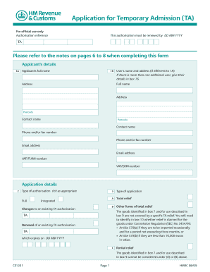 CE1331 Application for Temporary Admission TA HM Revenue Hmrc Gov  Form