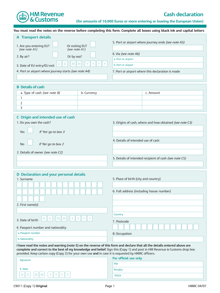 Uk Cash Declaration  Form