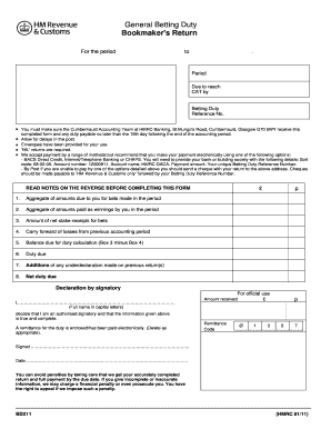 BD211 General Betting Duty Bookmakers Return You Use This Form to Submit Your Bookmakers Return Hmrc Gov