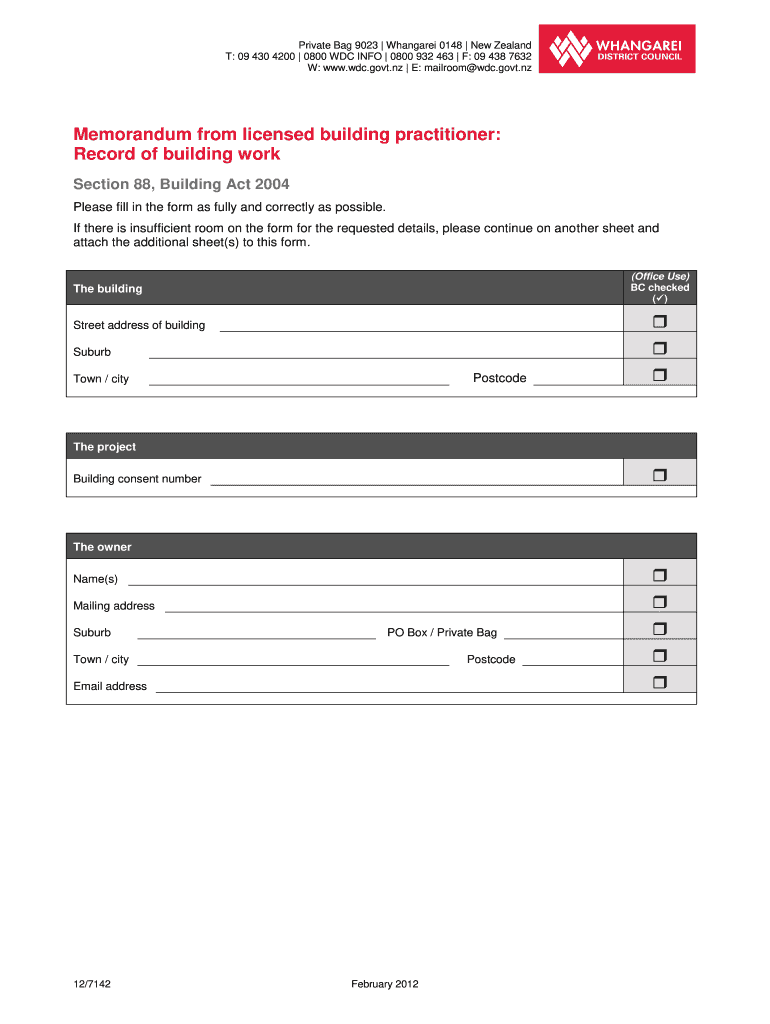 Memorandum from Licensed Building Practitioner Record of Building Wdc Govt  Form