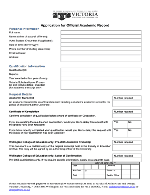 Transcript Request Form Victoria University of Wellington Victoria Ac