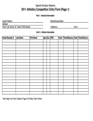 Blank Track and Field Entry Sheets  Form