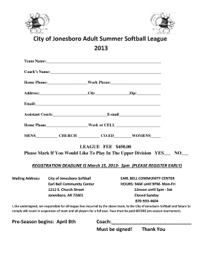 Softball Registration Form Template