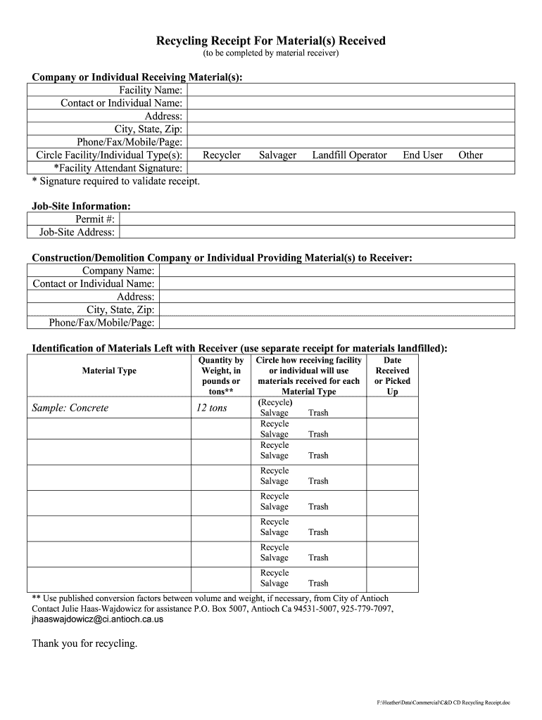 Recycling Receipt  Form