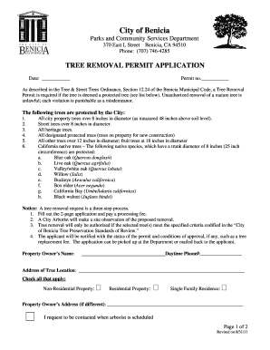 Tree Removal Permit Application City of Benicia Ci Benicia Ca  Form