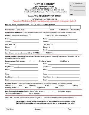 Vacancy Registration Form VR PDF City of Berkeley Ci Berkeley Ca