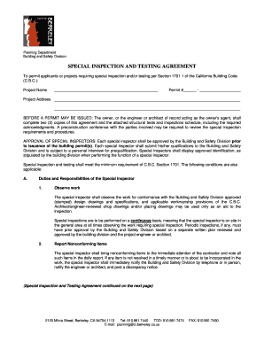Special Inspection and Testing Agreement City of Berkeley Ci Berkeley Ca  Form
