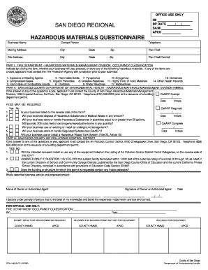 San Diego Regional Hazardous Materials Questionnaire Form