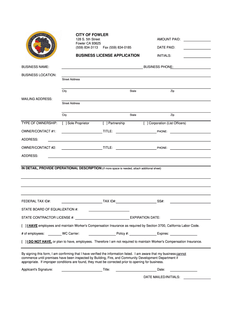 City of Fowler Business License Application  the City of Fowler  Fowlercity  Form