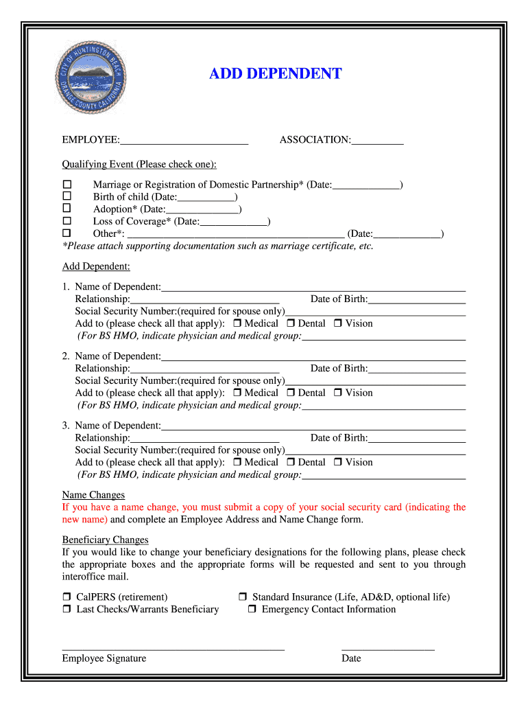 Add Dependent City of Huntington Beach  Form