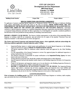 Special Inspection and Testing Form City of Lincoln Ci Lincoln Ca