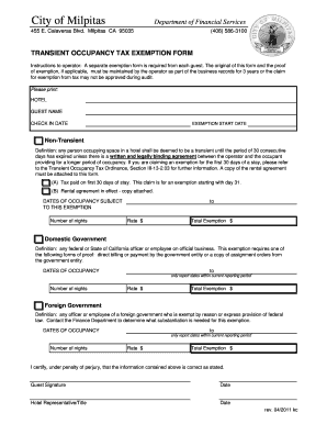 TOT Exemption Form City of Milpitas State of California Ci Milpitas Ca