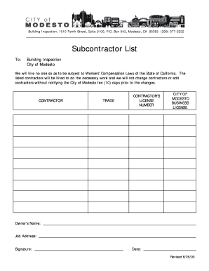 Subcontractor List  Form