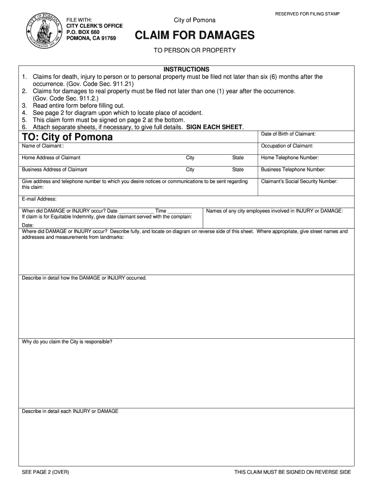 Claim Form  City of Pomona  Ci Pomona Ca