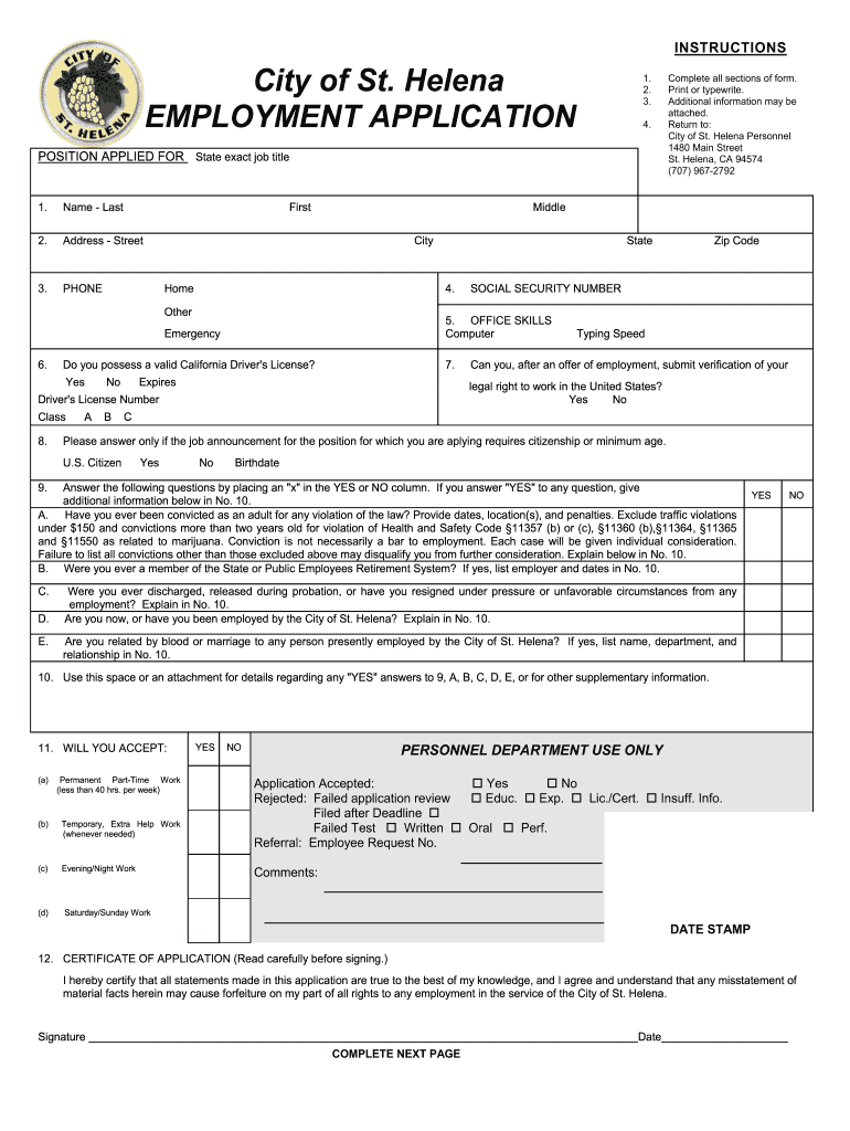 St Employment Application Printable  Form